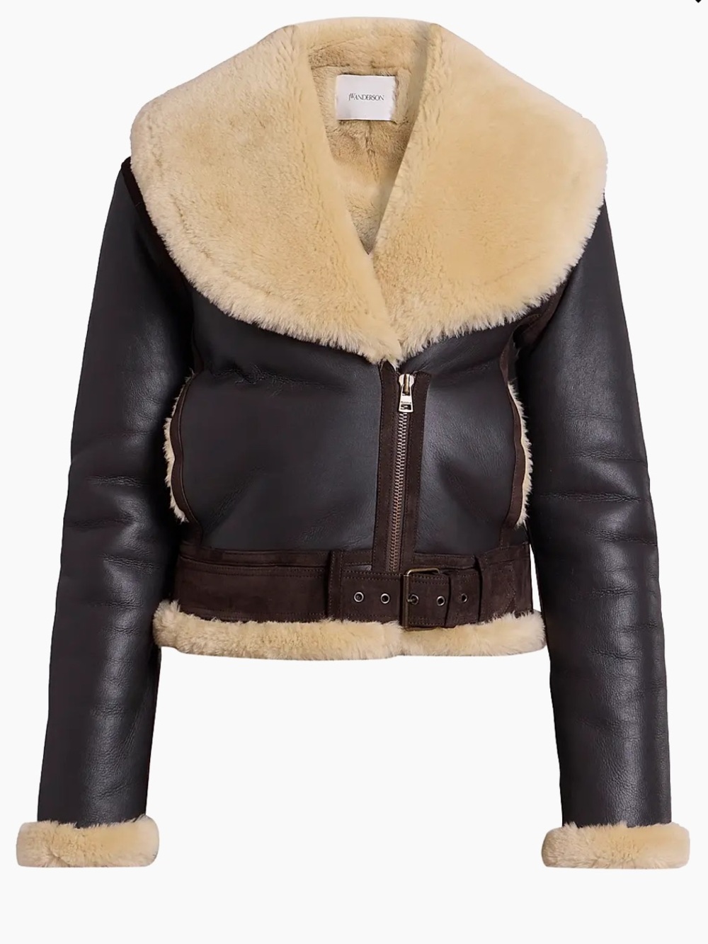 JW ANDERSON Dark Brown Leather Aviator Jacket with Cream Shearling Collar